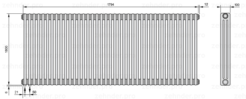 Схема (чертеж) Радиатор Zehnder Charleston 3180/39 №3370 Белый глянцевый RAL 9016